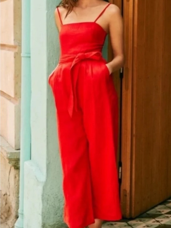 J. Crew Pants - J. Crew Red Spaghetti-Strap Tie-Waist Wide-Leg Jumpsuit - Linen